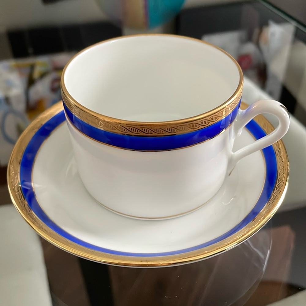 Richard Ginori Designer Italian Coffee or Tea Cup and Saucer in Blue and Gold